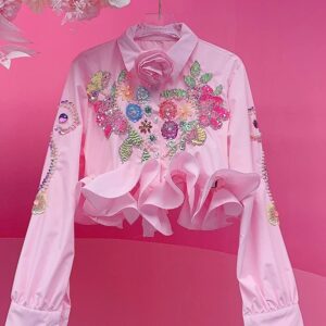 A1140 Sequin Embroidered Floral Ruffle Blouse Pink
