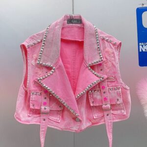 HH4711 V-neck studded denim riding jacket Pink