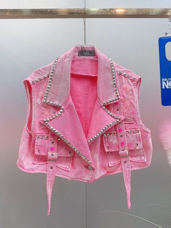 HH4711 V-neck studded denim riding jacket Pink