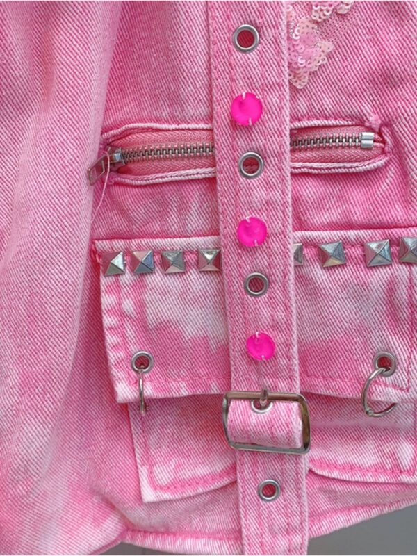 HH4711 V-neck studded denim riding jacket Pink - 图片 4