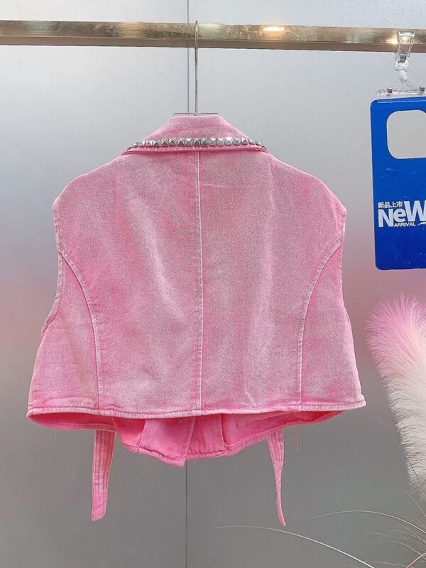 HH4711 V-neck studded denim riding jacket Pink - 图片 5