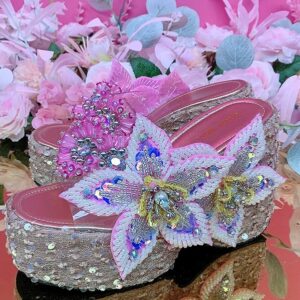 X22027 Beaded Flower Sequins Thick Bottom Slippers